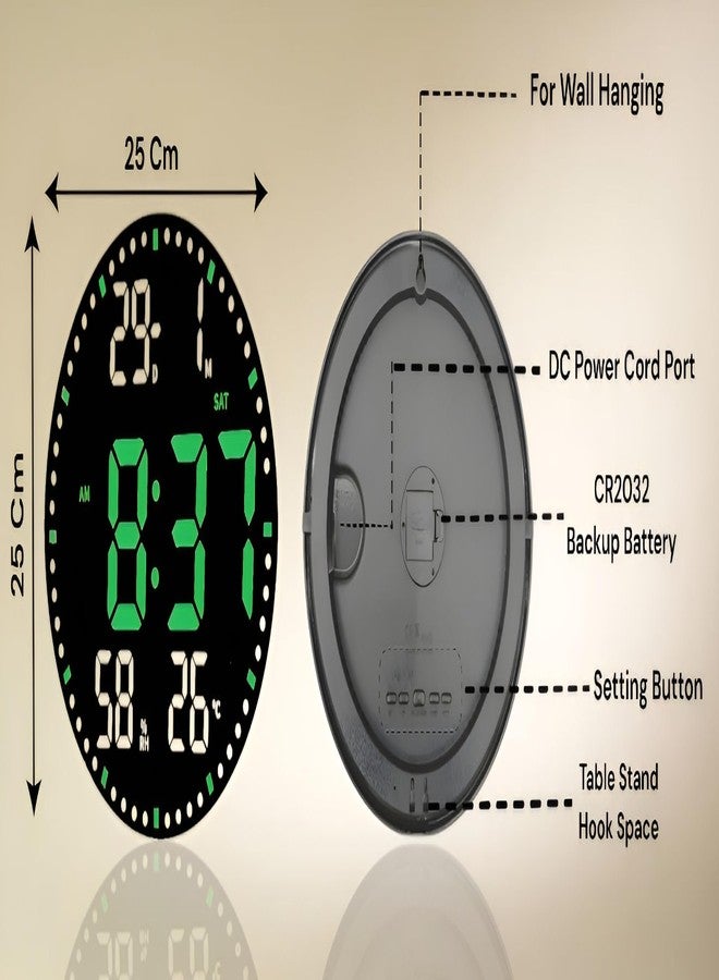 De'rons 10" Plastic Digital Wall Clock with Remote Control & Alarm for Home Décor Office 12/24 Hours Temperature Humidity Date Week Silent Electronic Digital Wall Clock (DC_2560_Green) - Image 3